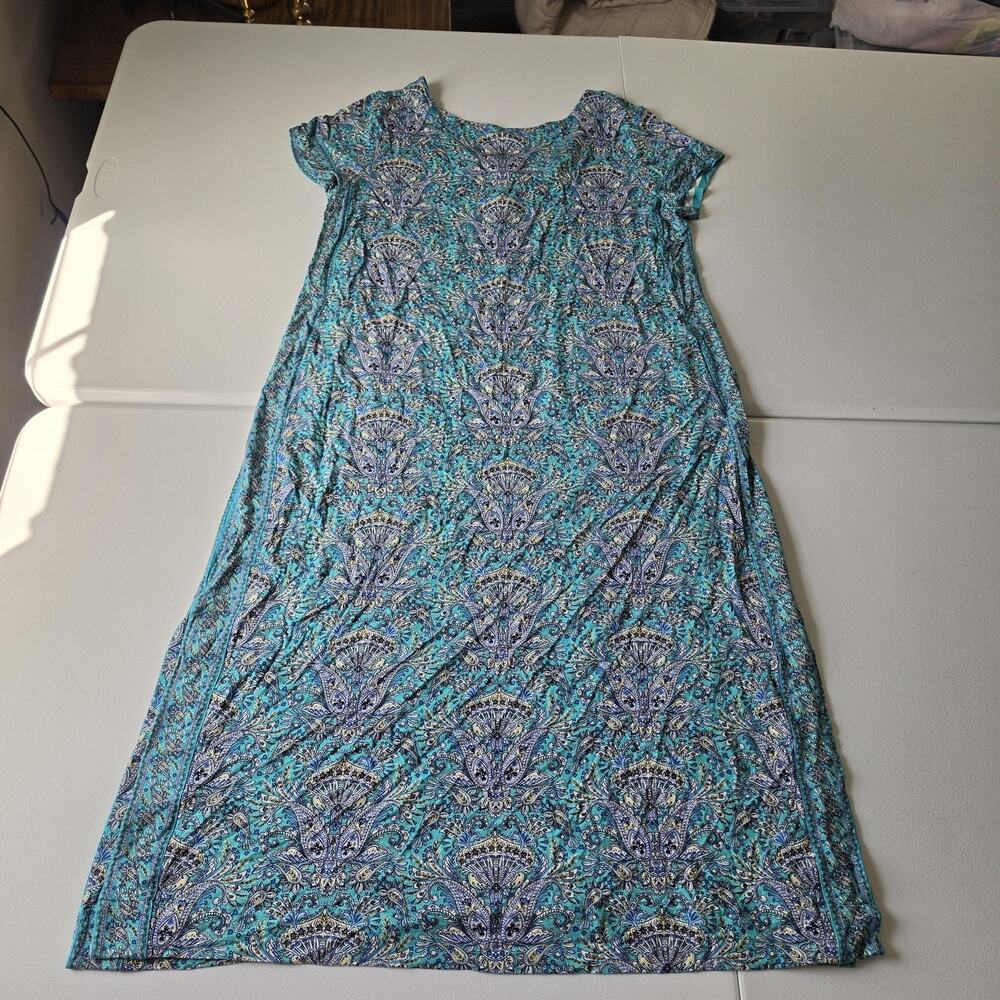 J Jill Dress Womens Large Blue Paisley Jersey Henley Swing Maxi Short Sleeve